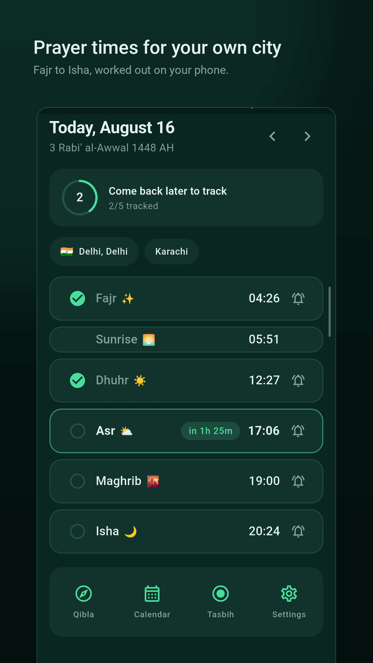 Namaz Time showing today's prayer times with a countdown to the next prayer