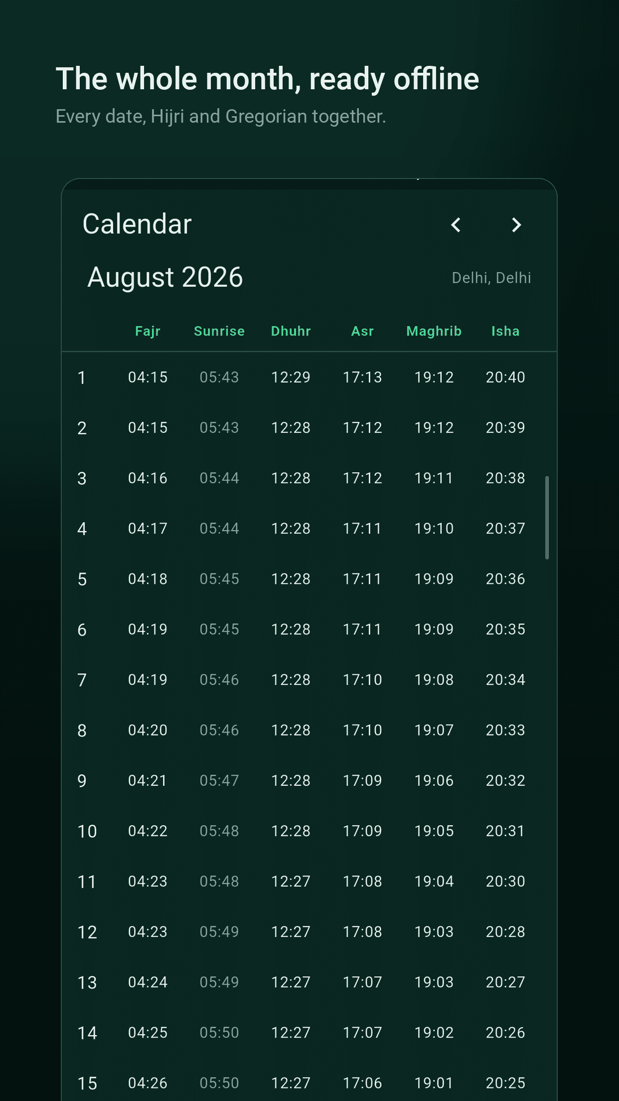 Monthly timetable and the Hijri calendar