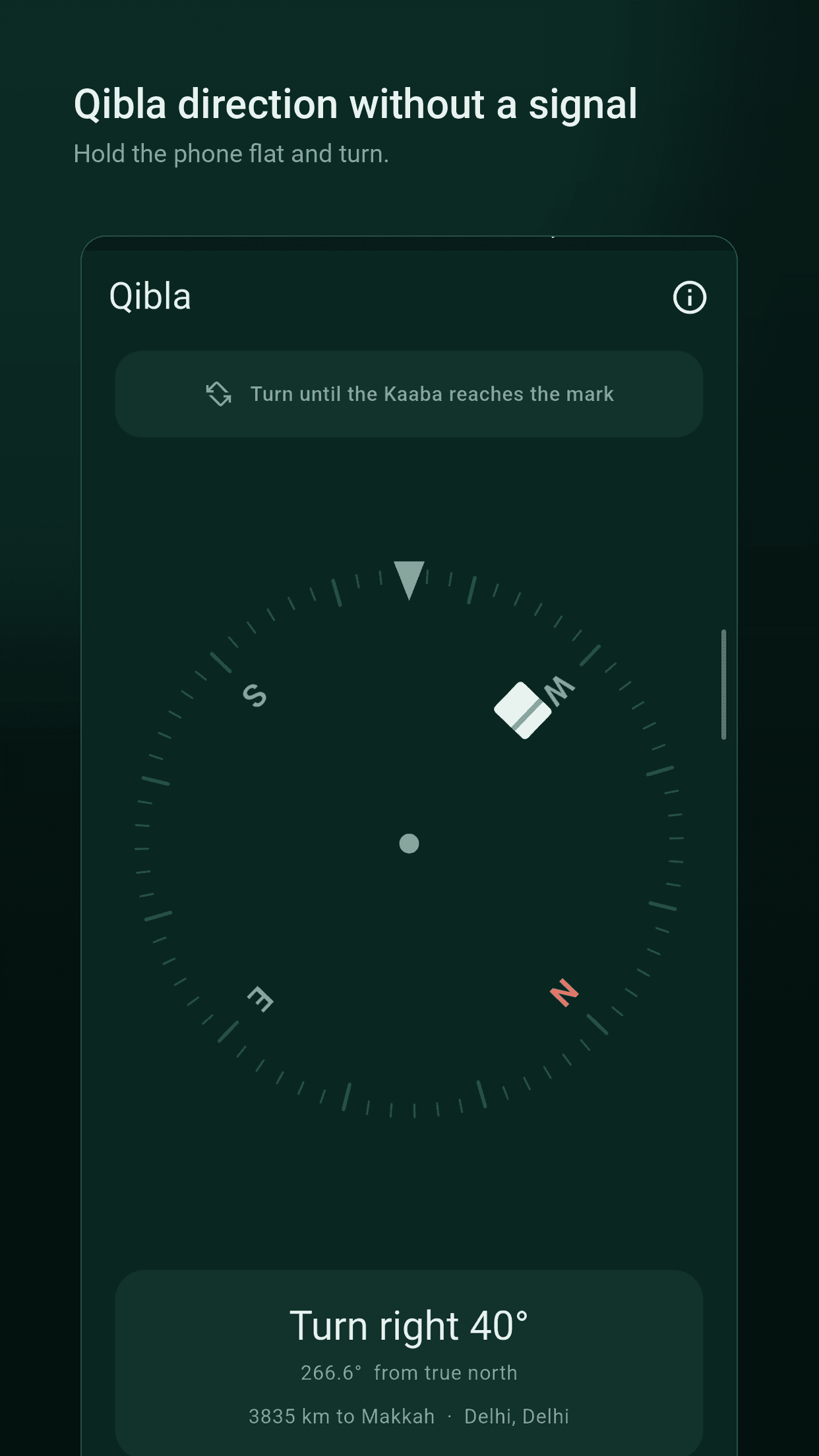 Qibla compass, corrected to true north
