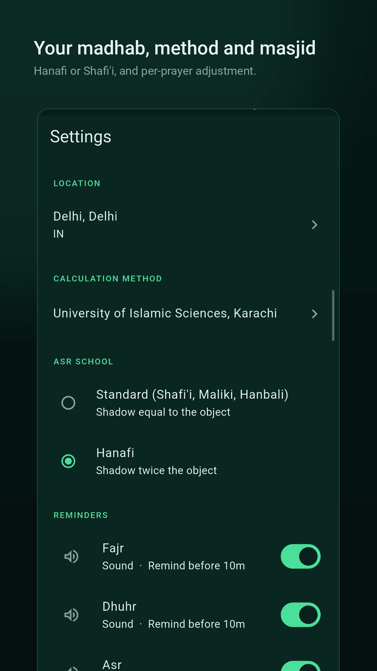 Calculation method, madhab and per-prayer offsets